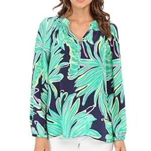 LILLY PULITZER WOMEN’S SILK  ELSA TOP BRIGHT NAVY LF TIGER PALM SZ S